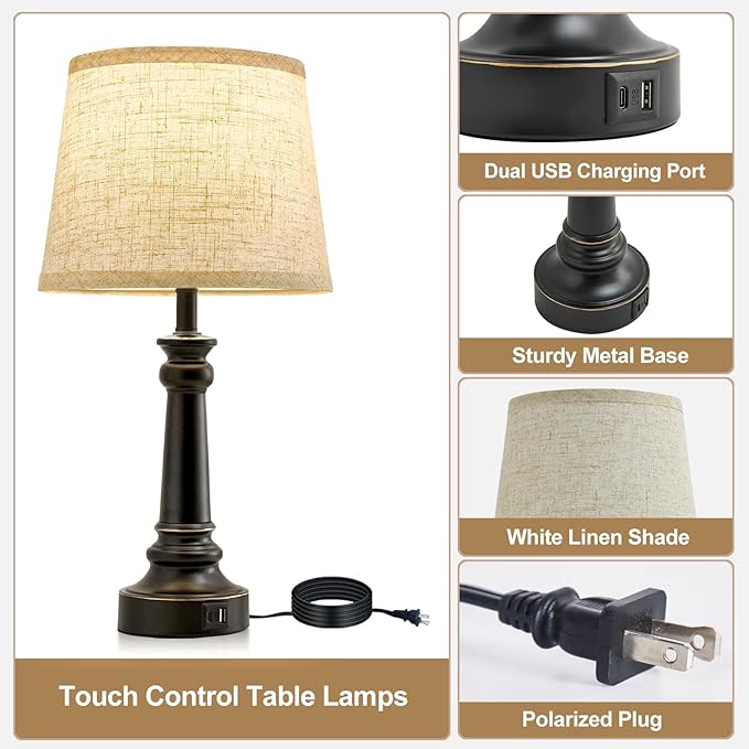 Touch Lamps for Nightstand Set of 2 - Black Table Lamp for Bedroom 3 Way Dimmable Bedside Lamp with USB C+A Ports - Lamps for Night Stands Living Room End Table,2 LED Bulbs Included