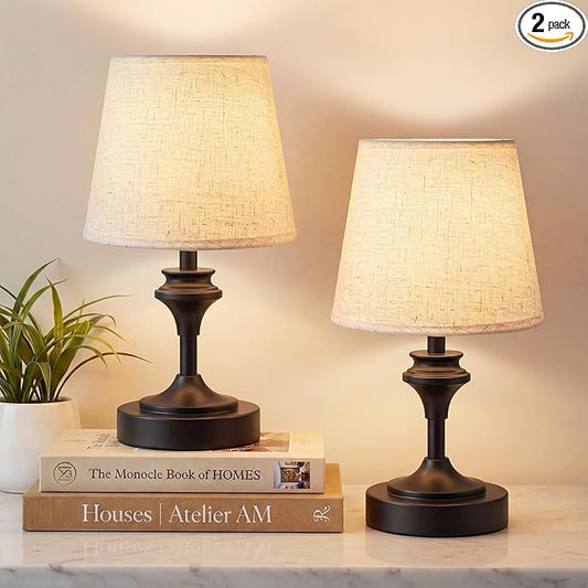 NIORSUN Portables Cordless Table Lamp Set of 2,10.2" Flaxen Fabric Shade Battery Operated Lamp,5200mAh Bedside Table Lamp with Warm White,3 Way Dimmable Touch Desk Lamp for Living Room (Black)