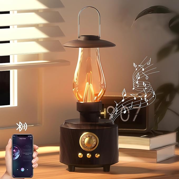 AVEKI Vintage Kerosene Table Lamp with Bluetooth Speaker, Infinitely Dimmable Rechargeable LED Lights for Bedroom, IPX4 Waterproof Bedside Lamps for Camping Party Holiday Home Decor Gift (Woodgrain)