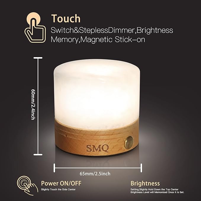 SMQ Clear Quartz Crystal Night Light with USB Charging Port,Healing Crystals Polished Gemstone Touch Control Table Led Lamp with Wooden Base for Nursery,Living Room,Office