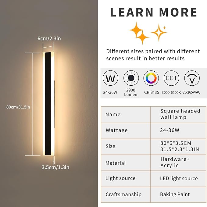 Mikeru 2Pack 31.4inch Outdoor Wall Lights, 3000/4500/6000K 3 Color Modern Black Linear Wall Lights Front Porch Light Wall Mounted Led Lighting for Basement, Shop,Garage Non-Dimmable