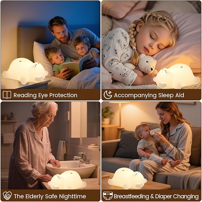 Sleepy Snoring Bear Night Light,Novelty Nursery Nightlight for Kids, Dimmable/Timer/Rechargeable USB-C, Food-Grade Silicone LED Squishy Animal Bedside Lamp,Funny Gifts for Boys Girls Baby,Room Decor