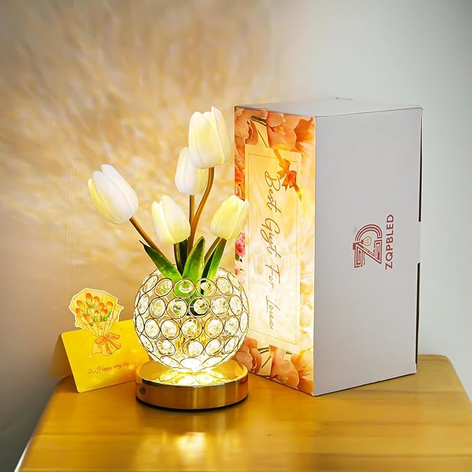 Birthday Gifts for Women/Mom Table Lamp, 3 Color Crystal Flower Bedside Lamps Infinitely Dimming with USB Charge Small Night Light,Nightstand Touch Lamp for Bedroom (A-White)