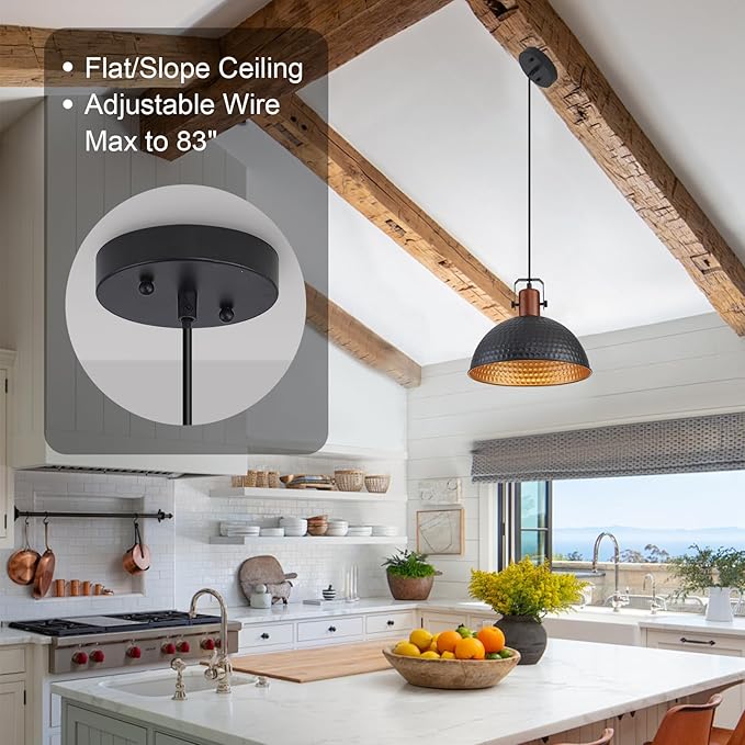 12 Inch Black Pendant Lights Hammered Matte Pendant Lights for Kitchen Island Industrial Farmhouse Adjustable Height Dome Hanging Light Fixtures for Barn, Dining Room 1 Pack