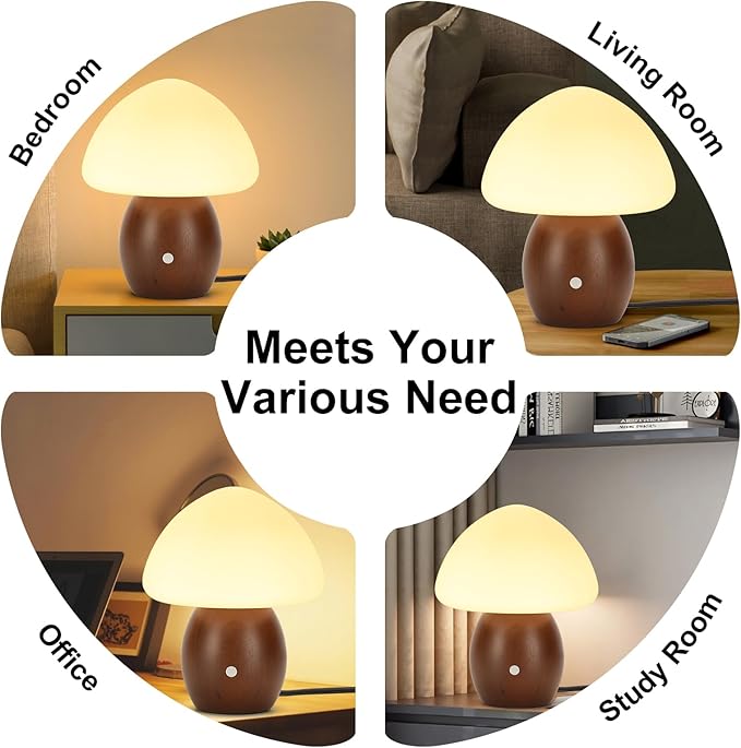 Mushroom Lamp with Touch Control Switch, Small Wooden Table Lamp with Glass Shade, 3 Way Dimmable Nightstand Lamp for Bedroom, G9 LED Bulb Included (Walnut Color&Opal White Glass Shade)