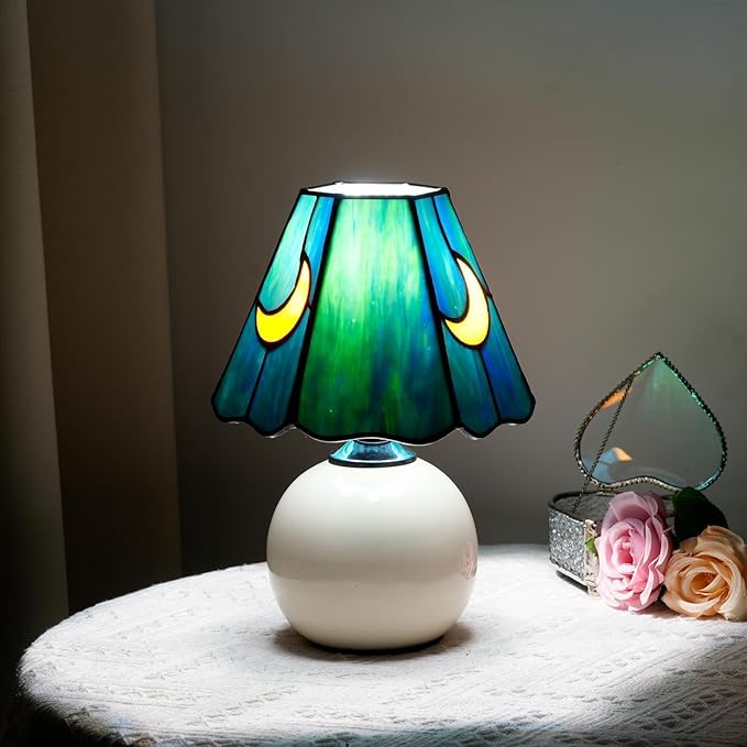 Mushroom Lamp Tiffany Lamp Stained Glass Table Lamp Moon Cute Small Bedside Lamps for Living Room Home Decor,Unique Aesthetic Home Living Room Decor Girls Women Birthday Day Gift,Sea Blue