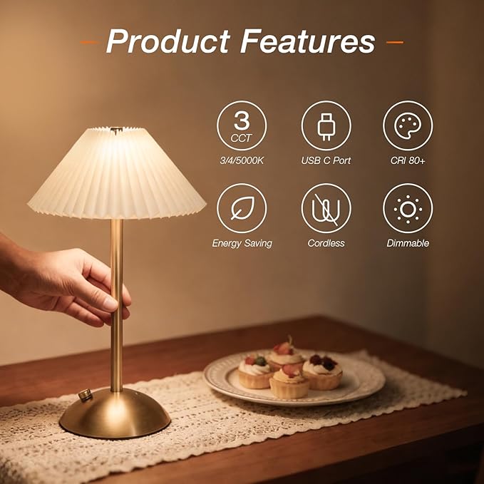 LEDVANCE Sylvania Cordless Lamp, LED Rechargeable Table Lamp with Battery Operated, USB-C, 3 Color Temperatures (3000/4000/5000K), Dimmable, Bedroom, Night Light, Coffee Shop, Brass - 1 Pack (66874)