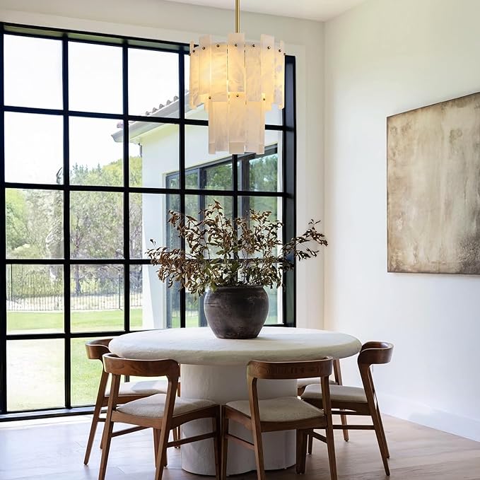 Alabaster Chandelier D13in Spanish Natural Marble Round Chandeliers, 2 Tiers Brass Alabaster Pendant Light,Modern Gold Small Chandeliers for Dining Room,Foyer,Kitchen Island,Bathroom,Bedroom