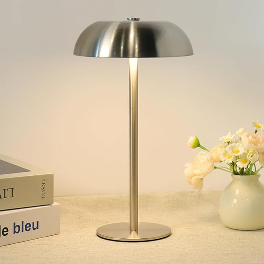 Portable Mushroom Table Lamp with 5200mAh Battery, 11'' Cordless LED Night Light with Stepless Dimming, 3 Color Modes & Adjustable Height for Bedroom/Patio/Bar Decor/Coffee Shop Ambiance (Silver-tall)