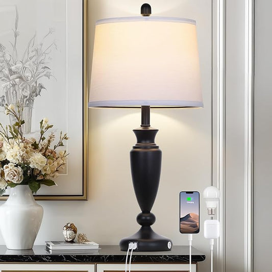 27'' Black Table Lamp Single, 3 Way Touch Control Living Room Lamp with USB A+C Ports, Modern Bedside Lamp, Elegant Metal Nightstand Lamps for Bedroom Office End Table Decoration