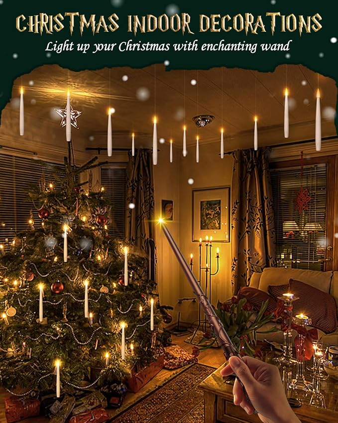 Floating Candles with Wand Remote 18PCS - Christmas Hanging Candle with Glasses, Tie, Scarf, Magic Flameless Taper Candles Floating Lights Gifts for Xmas Decorations Wedding Birthday Party Decor