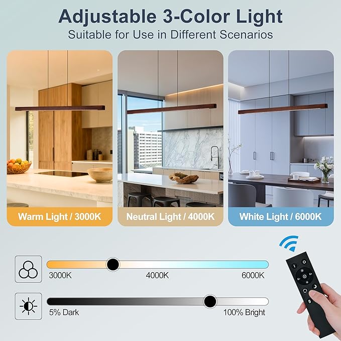 39" Wood Linear Pendant Light Fixtures, Modern 24W LED Dimmable Pendant Lights Kitchen Island, Wood Linear Hanging Chandelier for Dining Room, Kitchen Island, Bar, Pool Table-Walnut