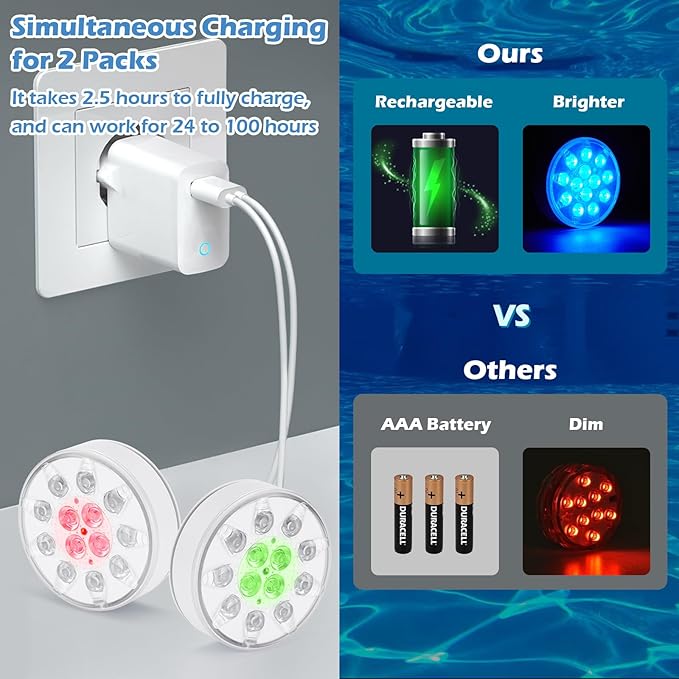 Pool Lights with Remote Control, 16 Colors, IP68 Waterproof, Rechargeable Submersible LED Lights, Suitable for Above-ground and In-ground Pools, Hot Tub, Aquariums, Ponds, Party Decorations, 2 Pack