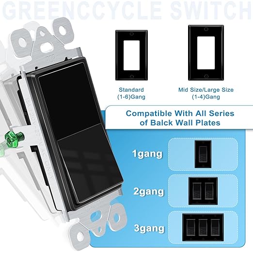 Greencycle Black Single Pole Rocker Light Switch,24PCS Paddle Light Switch 15 Amp,Sp Switches White,120V-277V AC,On/Off Wall Switches, Residential/Commercial Grade,Home & Office,UL/CUL