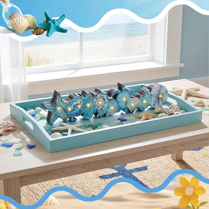 Yousoontic Summer Ocean Animals Table Centerpieces with LED Lights, 3D Wooden Coastal Decor Block, Nautical Under The Sea Sign Decor for Home Mantel Desk, Beach Themed Summer Holiday Party Decorations