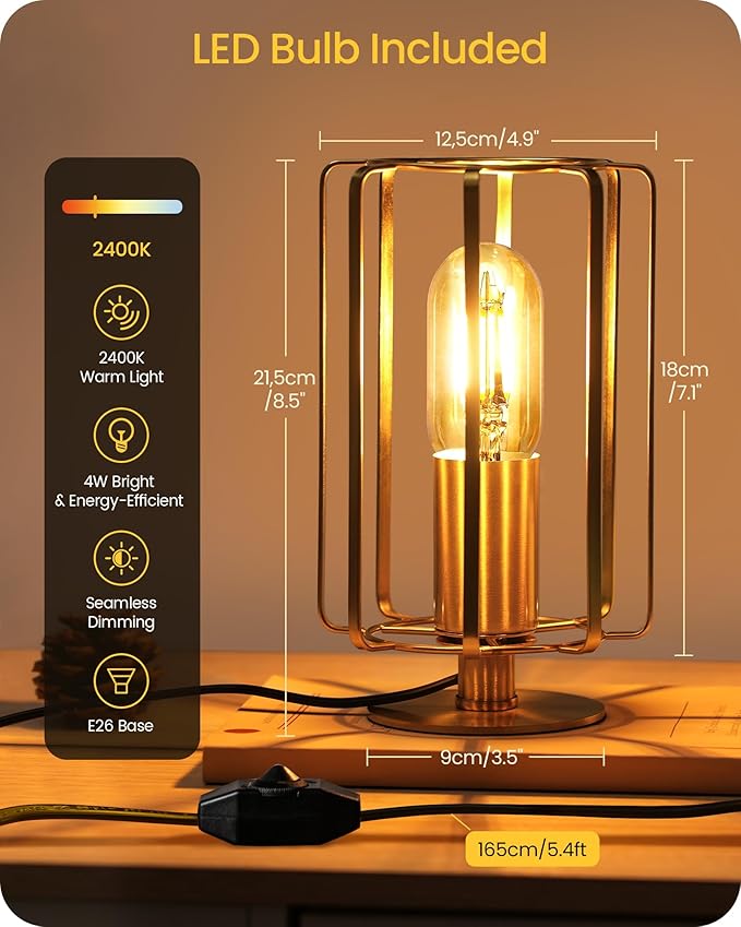 Industrial Table Lamp Set of 2, Small Brass Desk Lamp with Dimmable 2400K Warm Light LED Bulb, Vintage Desk Lamp, Nightstand Lamp for Bedroom, Study, Office, Small Space, Gold D05TLP205
