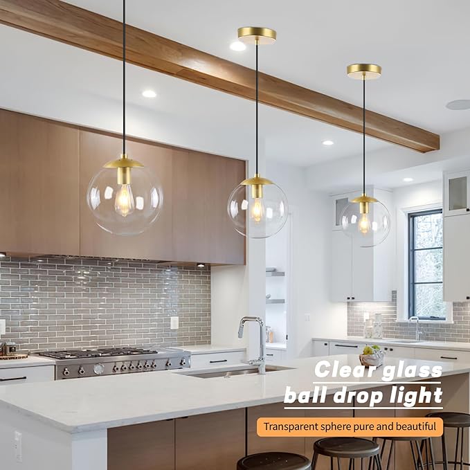 KoKo&Yukina 8 Inch Globe Pendant Lighting for Kitchen Island Mid Century Modern Hanging Light Fixture with Clear Globe Glass Gold Brass Hanging Ceiling Lights for Sink Bathroom Entryway (Bulb Incl.)