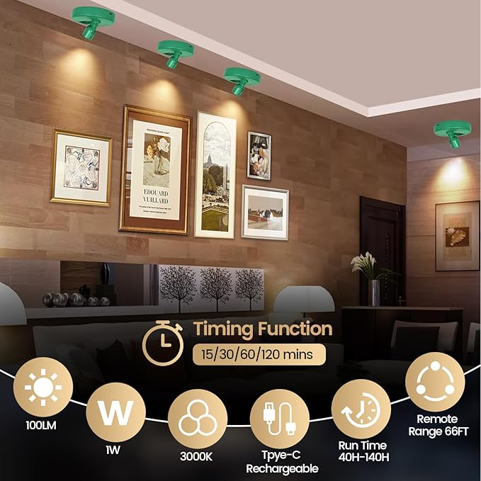 LED Spotlight, Rechargeable Battery Picture Lights, Uplighting Indoor, Spot Light with Remote, Plant Tree & Wall Art Display Dartboard Closet Spotlight-Green