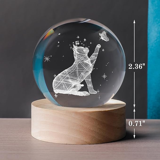 60mm 3D Crystal Ball Cat Lover Gifts for Women Cat Themed Sympathy Figurines Decor Gifts with Wooden Light Base