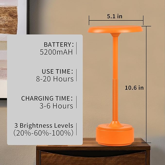 5200mAh Rechargeable Cordless LED Table Lamps Touch Sensor Light, 3-Levels Portable Dimming Wireless Battery Operated Lamp,Night Light/Restaurant Table/Outdoor/Coffee/Bar (Orange Set of 2)