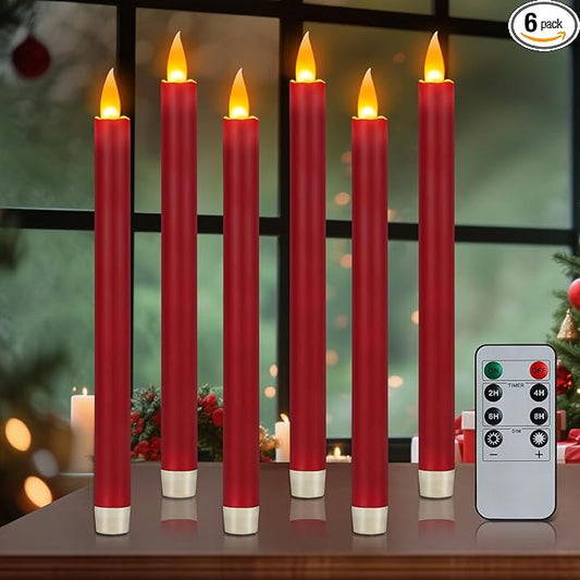 Flameless Taper Candles 10" Dripless Battery Operated Taper Candles Included Remote Timer 400+ Hours by 2AA Batteries for Halloween Christmas Wedding (Burgundy, 6 Pack)