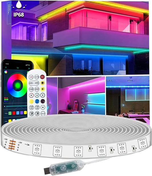 10FT RGB LED Strip Lights IP68 Outdoor Waterproof, 5V USB Powered, Music Sync Bluetooth APP/RF Remote Control Lights for Balcony,Deck,Camping,Garden,Bedroom Decor