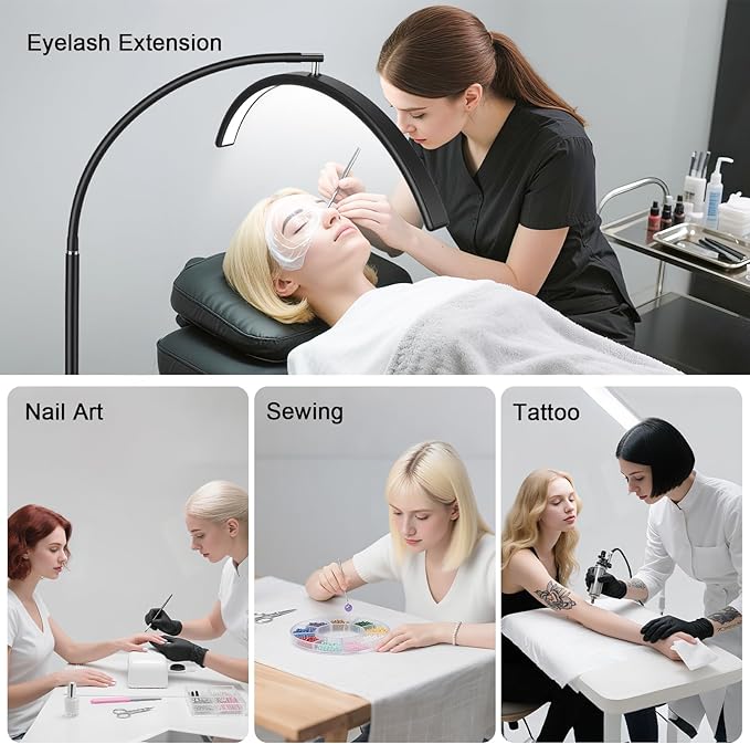Half Moon Lash Light for Eyelash Extensions & Estheticians, Dimmable LED Lash Lamp with Flexible Gooseneck, Shadow-Free Moon Light for Lash Tech, Tattoo, SPA, Eyelash Lamp (Glossy Black)