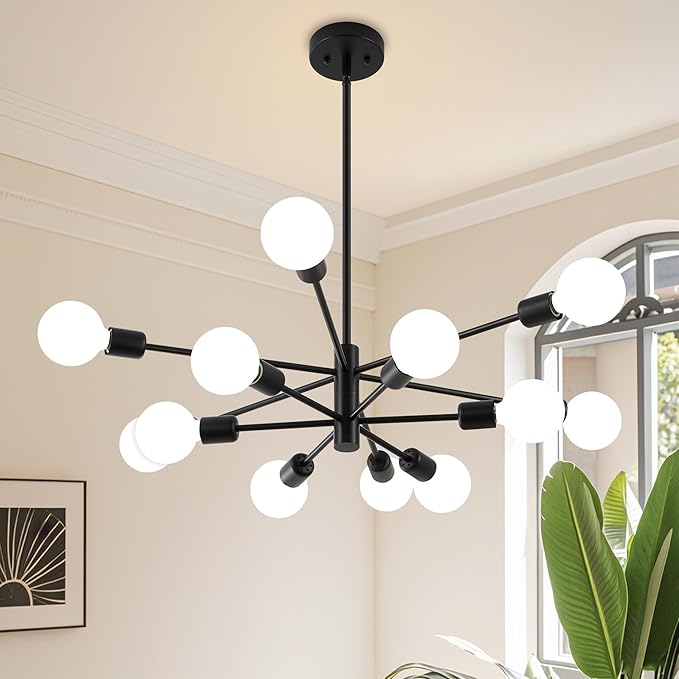 Sputnik Chandelier, Black Modern Chandeliers, Mid Century Ceiling Lighting Fixture for Living Room, Kitchen, Bedroom, Dining Room, Farmhouse (12-Light)