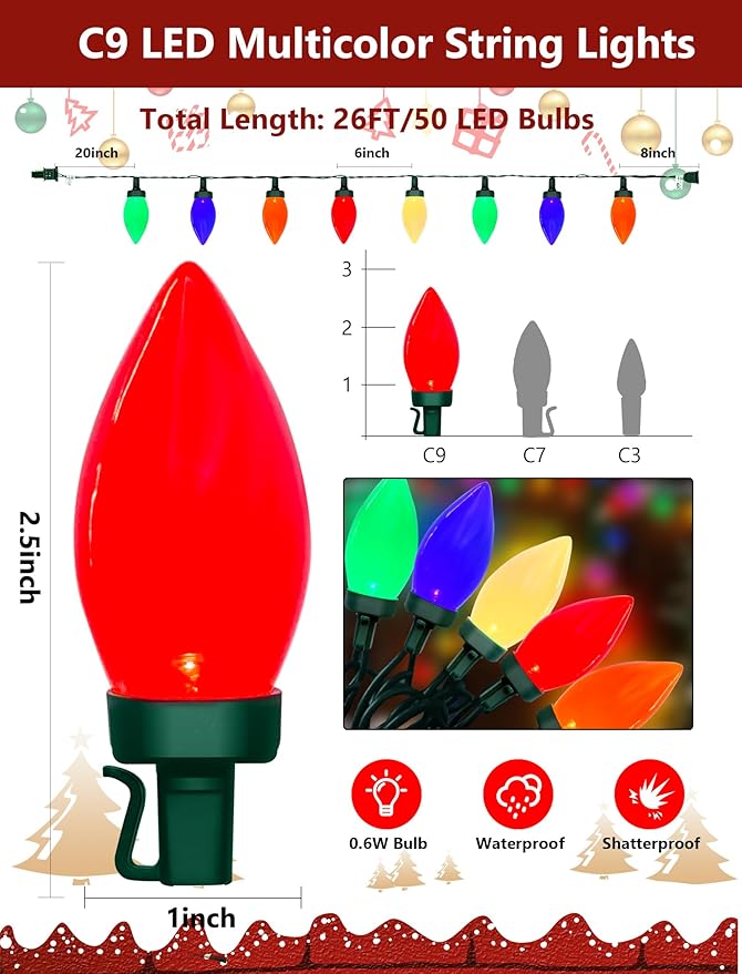 26FT C9 Christmas String Lights, Outdoor Christmas Decorations Lights with 50 LED C9 Multicolor Opaque Bulbs Waterproof, Hanging Patio Light for Christmas Tree Patio Roofline Garden Party Holiday