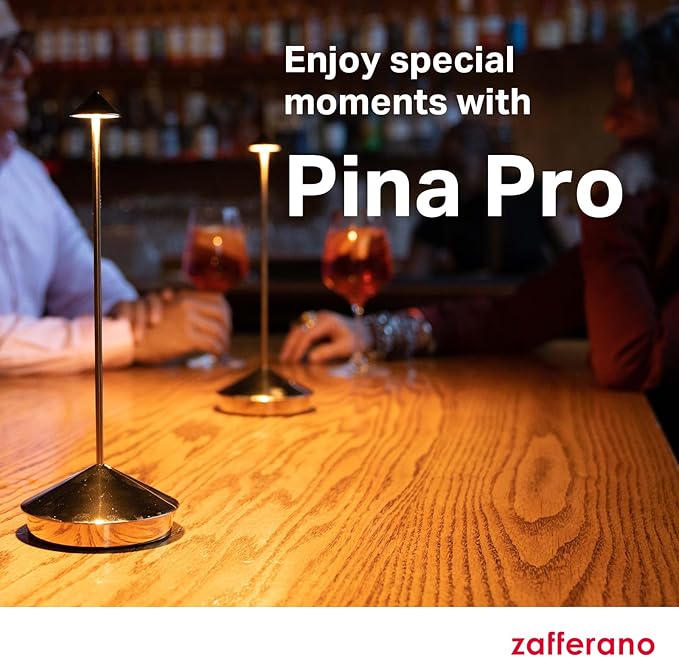 Zafferano, Pina Pro Lamp with Glossy Gold Finish, Rechargeable Cordless Table Lamp with Touch Controls, Usable as an Indoor Lamp, Dimmer, 2200-3000 K, Height 11.4 Inches