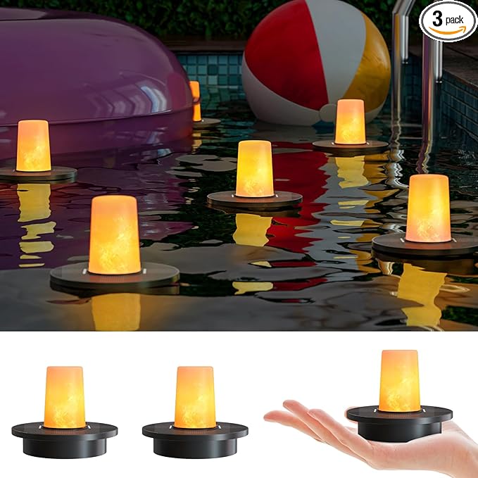 Small Solar Floating Pool Candle Lights, 3-Pack Solar-Powered Float Candles Lamps Tea Light for Pond Party Garden Backyard Outdoor Decor