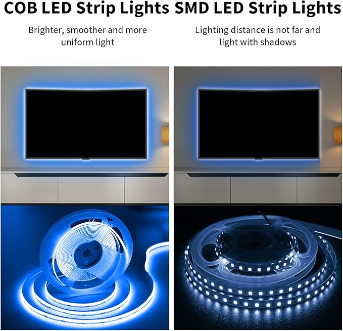 16.4FT/5m Blue COB LED Strip Light, Cuttable LED Tape Lights, 8mm Width LED Lights, CRI93+ Dimmable Flexible Light Strip for Bedroom TV Backlight Gaming Room Monitor DIY Decor(with Plug)
