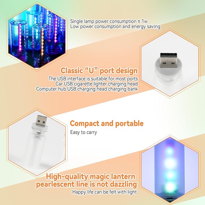 5Pcs Mini Retro Car Light, 10 Modes, Frosted Shell USB LED Car Interior Atmosphere Lamps, Touch-Control Portable Plug-in Glass Bottle Ambient Night Light for Camping Bedroom Party