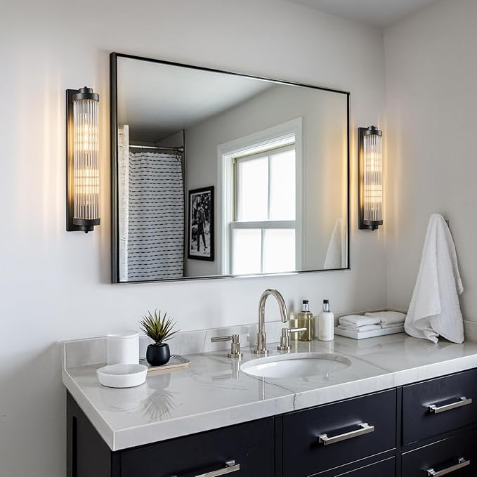Black Wall Sconces with Crystal Glass Strip Bathroom Sconces 2 Light E12 Base Modern Wall Lights for Bedroom Living Room Hallway Wall Light Fixtures (1 Pack)