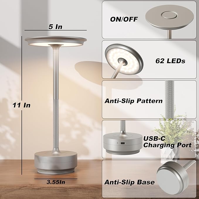 2 Pack Rechargeable Cordless Table Lamps, Portable 5000mAh Battery Table Light, 3 Color Stepless Dimming LED Table Light with Memory Function, for Outdoor/Dinner/Patio/Restaurant.(Silver)