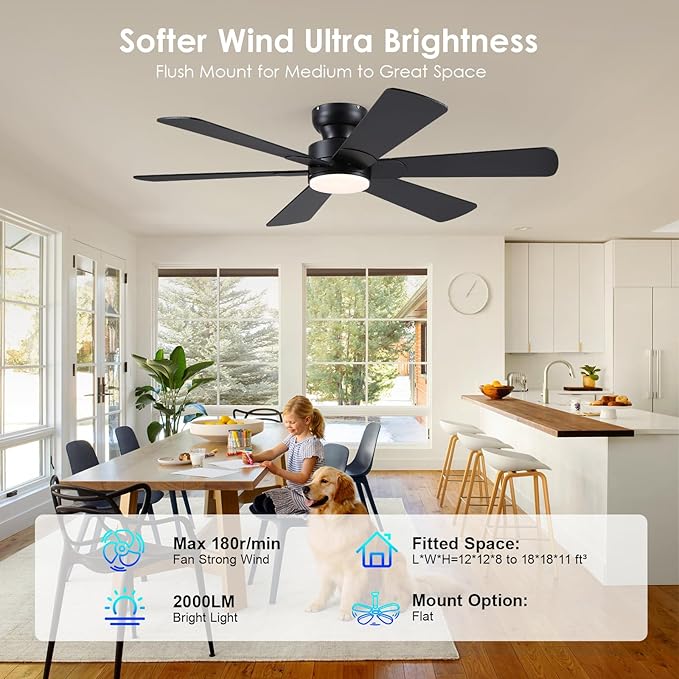 BayDay 52 inch Ceiling Fans with Lights, Black Ceiling Fan with Remote APP, Dual-Sided Modern/Rustic 6 Blades, Reversible, 3CCT, Flush Mount Low Profile Ceiling Fan with Lights Bedroom Kitchen Indoor