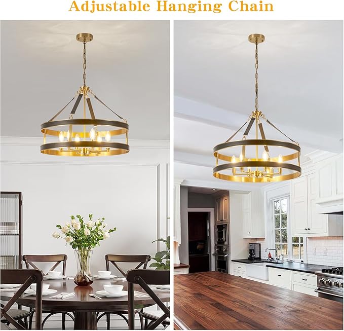 Farmhouse Ceiling Chandelier,24 Inch Antique Bronze Aluminum Black Leather Belt Trim Modern Rustic Hanging Pendant Ceiling Light Fixture for Living Room, Dining Room, Bedroom, Kitchen