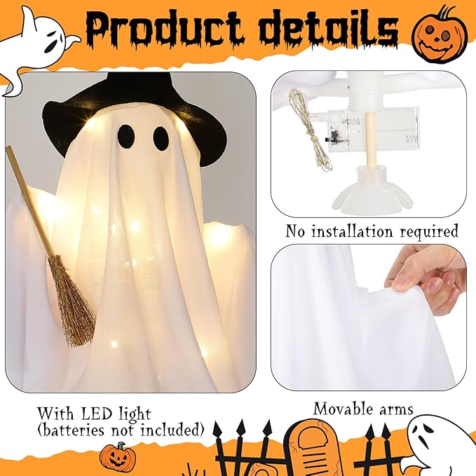 Leinuosen Light Up Disco Ghosts Halloween Decorations Indoor Spooky Ghosts with String Lights Witch Hats Broom Halloween Table Decor for Home Party Table Mantel Room Kitchen Haunted House (Fabric)
