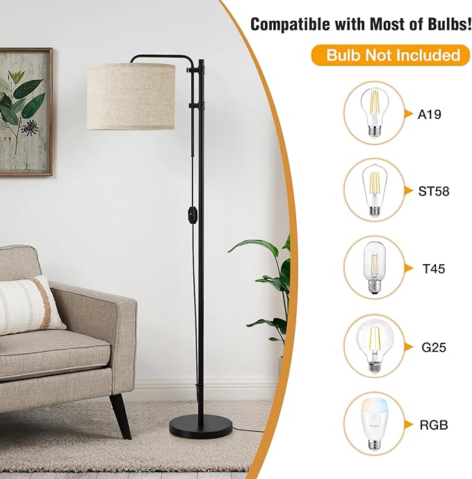 GyroVu Floor Lamp for Living Room, Adjustable Height Standing Lamps with 350° Rotate Beige Lampshade, 67.5-Inch Modern Tall Lamp Dimmable Floor Lamps for Corner Bedroom Home Office (Bulb Included)