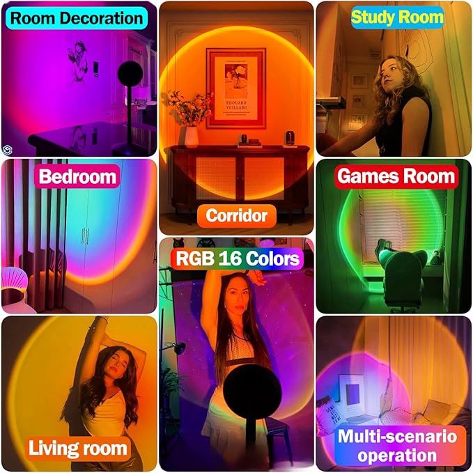 QUIGO Sunset Projector Lamp, 16 Colors Changing with Remote & App Control, Night Light for Bedroom, TikTok Room Decor Aesthetic, Sunrise/Sunset Light