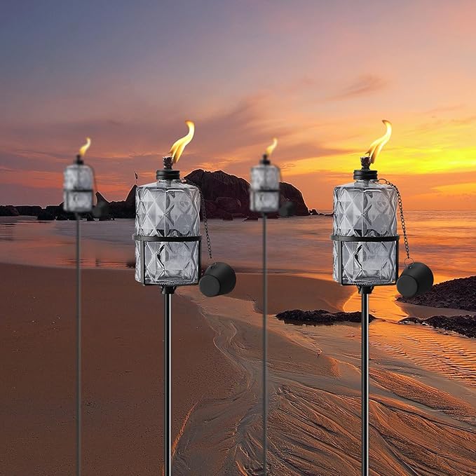 4 Pack Gray Glass Garden Torch 12 oz Outdoor Torch Garden Décor,60-Inch Upgraded Citronella Torches with 3-Prong Grounded Stake for Party Patio Pathway