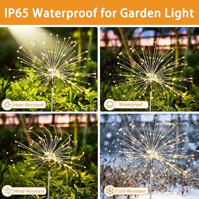 Solar Fireworks Lights for Outside, 150LED 8 Modes Fireworks Solar Lights Outdoor, Fairy Garden Flowers for Yard Pathway Wedding Party Christmas Diwali Garden Decor 8Pack (Warm White)