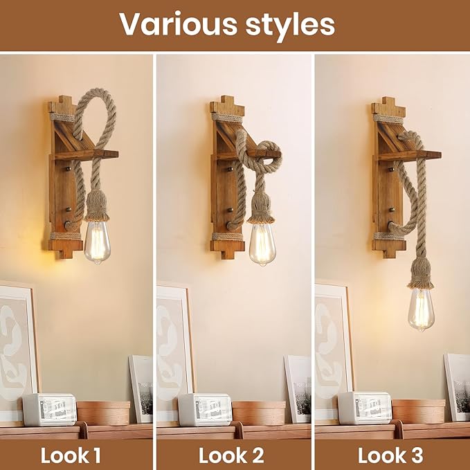 SEEBLEN Wall Sconces Set of Two Farmhouse Wooden Wall Sconce with Natural Hemp Rope,Boho Wall Lamps for Bedroom Beside Living Room Fireplace.