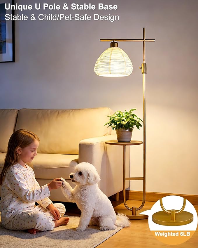 66IN Dimmable Gold Floor Lamps with Storage Table, Modern Standing Tall Lamp with Milky White Lampshade, Cross-Shaped Lamp Head and U-Pole Base Style for Living Room/Bedroom