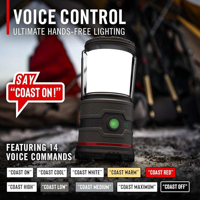Coast EAL35R 1000 Lumen Voice-Controlled LED Emergency & Camping Area Lantern with Warm, Cool White, Day, Red & Red Flashing Mode, Power Bank Functionality - Forest