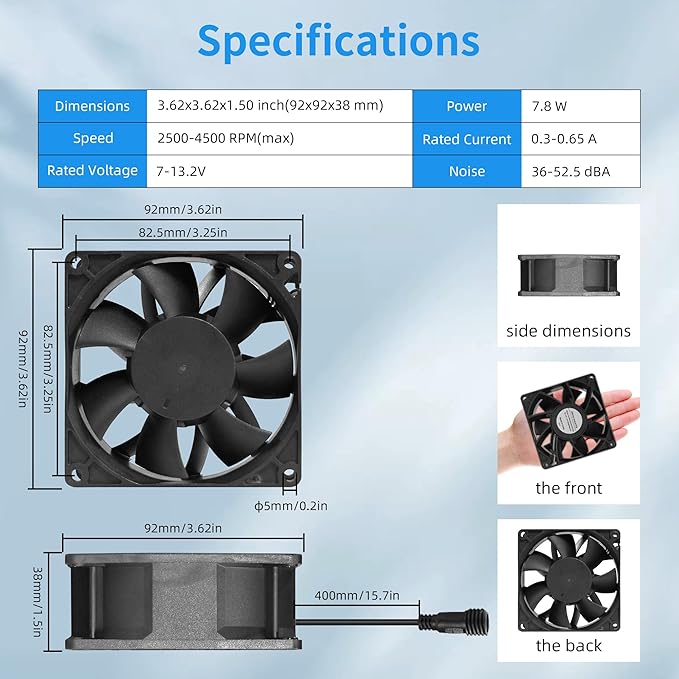 PANO-MOUNTS 92mm 3.62inch Upgraded IP68 Waterproof Dual Ball Bearing Cooling Fan -Max 4500RPM with Stepless Speed Controller for DIY Ventilation Exhaust Projects