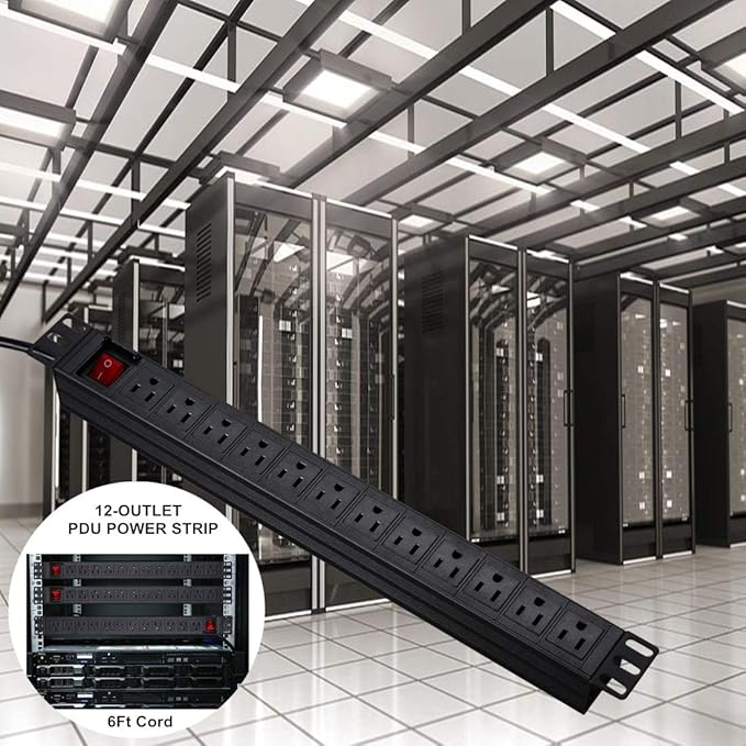 BTU Power Strip Surge Protector Rack-Mount PDU, 12-Outlet Power Strip with Switch, Metal Mountable Heavy Duty for Server Racks, Garage, Shop Workbench, Industrial Commercial Use (Black 6FT)