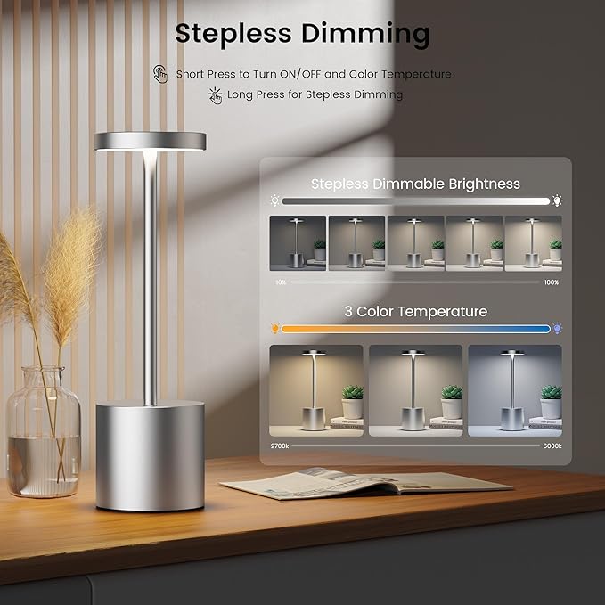 SAKRINGT 2 Pack Outdoor Table Lamp,LED Table Light,Cordless Table Lamp Rechargeable ,5000mAh Battery Powered Dimming Desk Lamp for Restaurant/Patio /Outdoor(Silver)