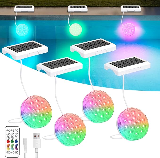 6 Pack Solar Pool Lights, Rechargeable Submersible LED Lights with Remote, IP68 Waterproof Built-in Magnet Solar Underwater Light for Above Ground/Inground Pools, Pond Decoration