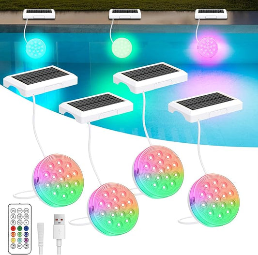 6 Pack Solar Pool Lights, Rechargeable Submersible LED Lights with Remote, IP68 Waterproof Built-in Magnet Solar Underwater Light for Above Ground/Inground Pools, Pond Decoration